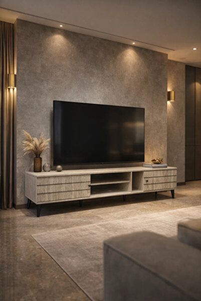 MARIA HOMES Modern Beige TV Unit 200cm Wide Media Stand Console Table with St...