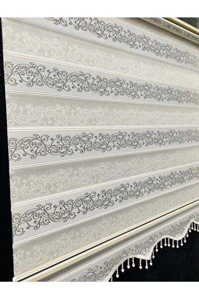 Saule Beyaz Renk Gümüş Sim Detaylı Sarmaşık Desen Zebra Stor Perde