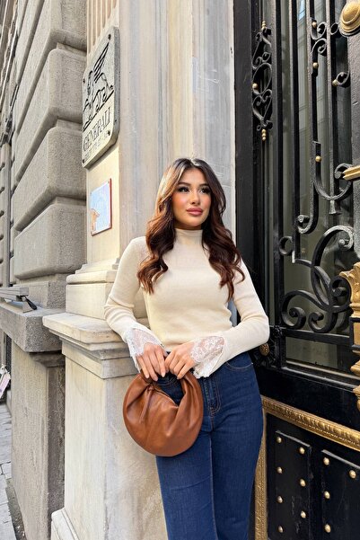 URİS Ženska bež polurolka Čipka Sa detaljem rukava Rebrasto pletena bluza (ve...