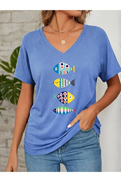 mercoledi Women's Balık Printed V-Neck Sleeved Regular Fit T-Shirt