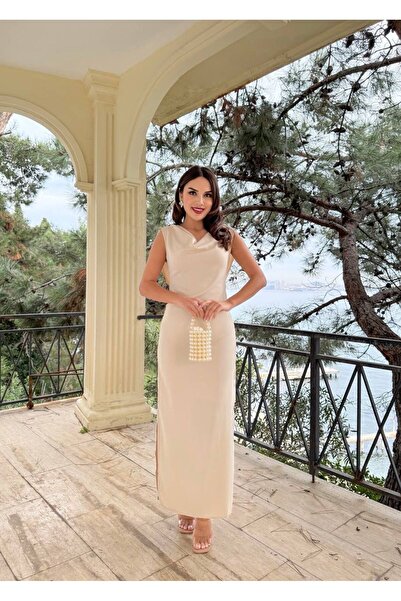 maf collection Women's Beige Degaje Collar Slit Detail Long Evening Dress