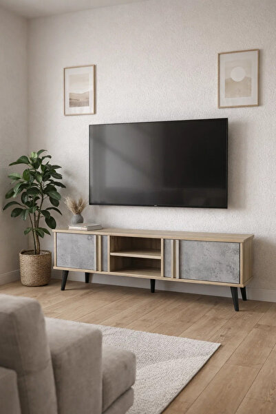MARIA HOMES Modern TV Unit Wood and Grey 140cm Entertainment Center with Cabi...