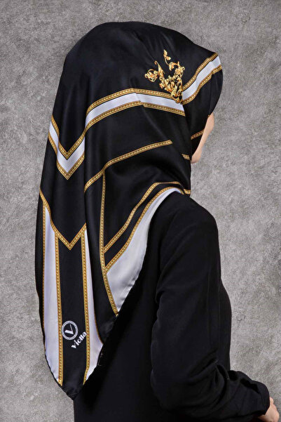 VİOLLA Twill Barok Desenli Siyah - Krem Renkli 90x90 Eşarp (İpek İçermez) Dik...