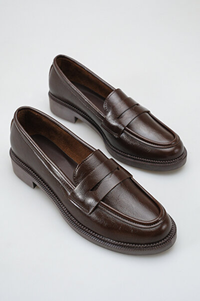 Rella Kahverengi Kalın Taban 3 cm Topuklu Klasik Loafer Rahat Günlük Şık Kadı...