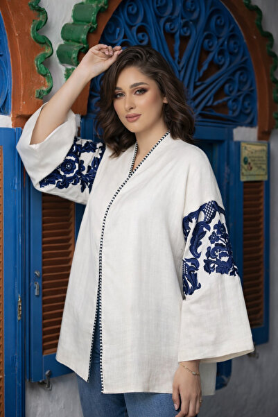 Nulivez Patterned White Kimono Jacket – Relaxed Fit Wide Sleeve Special Desig...