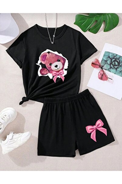 Kids Καλοκαιρινό σετ για κορίτσια με ροζ κορδέλα και στάμπα αρκουδάκι