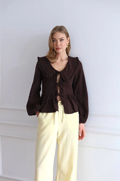 Lusin Women's Brown Bohemian Style Front Tie-Detail Peter Pan collar Long Sle...