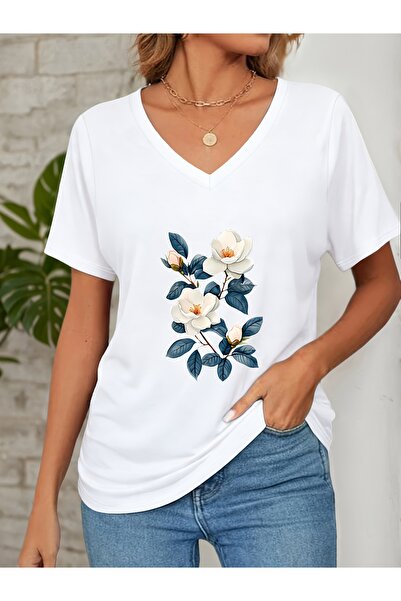mercoledi Women's Floral Printed V-Neck Sleeved Regular Fit T-Shirt
