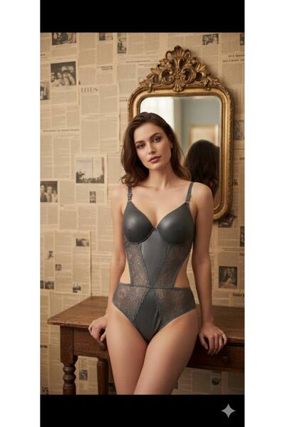 inspira lingerie Dantelli Deri Haki Transparan Çıtçıtlı Sütyenli Body Bodysuit