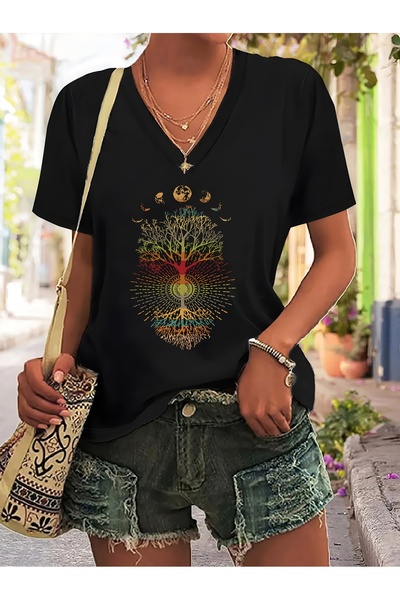 mercoledi Women's Tree of Life Printed V-Neck Sleeved Regular Fit T-Shirt
