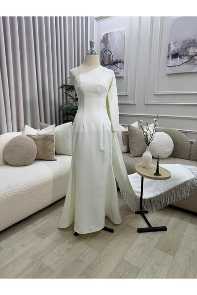 FASHION فستان ناعم باللون بكتف واحد ووشاح طويل يمنحك إطلالة ملكية راقية.