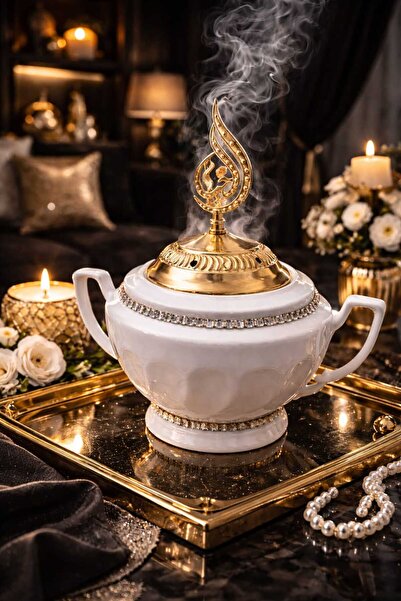 Banum Luxury Lux Porselan Taş Desenli Altin Renkli Çelik Kapakli Tütsülük