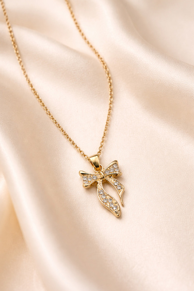 TREND COLLECTİON Gold Color Stone Bowknot Necklace – Elegant Steel Women's Necklace
