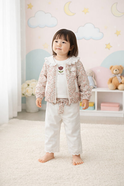 SweetMe Flower Detailed Embroidered Jacket for Girls, 4-Piece Set, Casual, Fe...