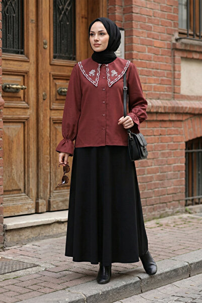 MODAQU Embroidered Peter Pan collar Shirt Blouse - Burgundy