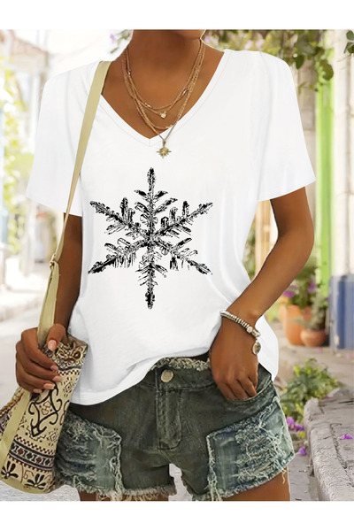 mercoledi Women's Snowflake Printed V-Neck Sleeved Regular Fit T-Shirt