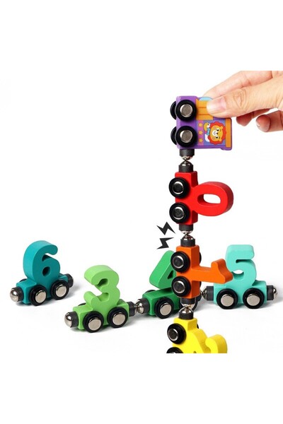 Flippy Trenulet Magnetic, Flippy, din Lemn, Model Cifre, 62 cm, +3 Ani, Jucarie de Asamblat, Multicolor