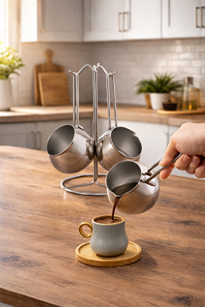 FeyzaDesign Çelik Tombik 4’lü Cezve Takımı, Silver, 200-300-450 ml