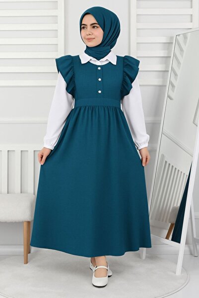 ARBİ kids Дівчача сукня з довгим рукавом з льону, прикрашена тессетуром, свят...