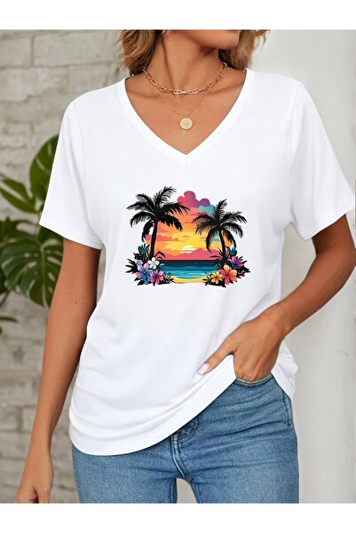 mercoledi Women's Palmiye Printed V-Neck Sleeved Regular Fit T-Shirt