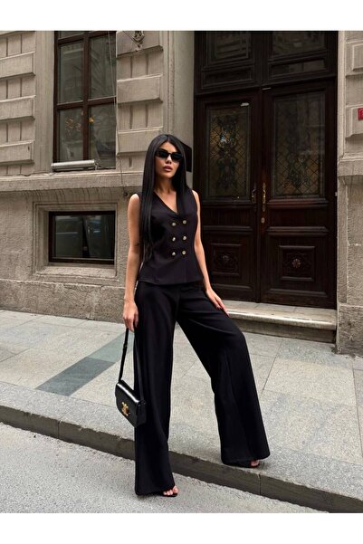 maf collection Women's Button Detail Zero Sleeve Black Suit