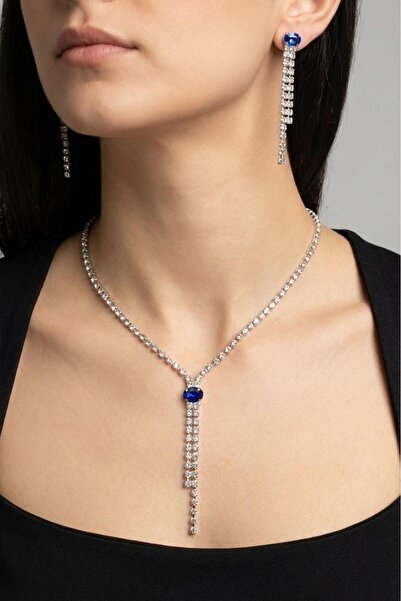 Valmont Mavi Taşlı Su Yolu Kolye Küpe Seti - Düğün, Kına, Nişan Gelin Takı Seti