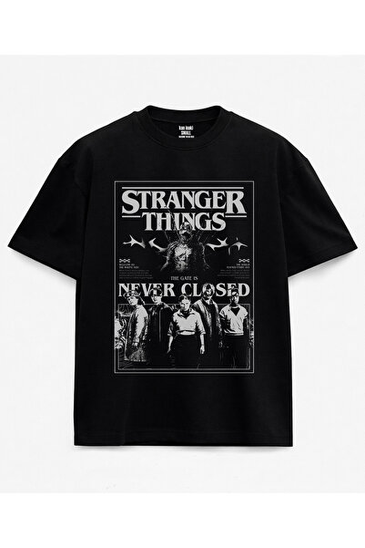 kun inaki Stranger Things Baskılı Siyah Unisex T-Shirt