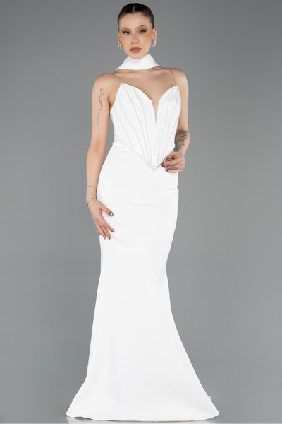 Abiyefon Ekru Taşlı Straplez Yaka Şallı Uzun Balık Abiye ABU5568