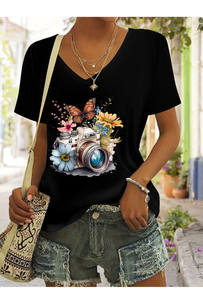 mercoledi Women's Floral Printed V-Neck Sleeved Regular Fit T-Shirt