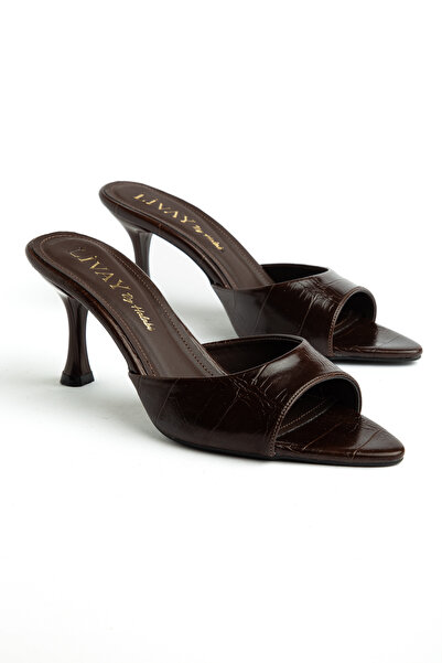 halabi moda Women's Bitter Brown Crocodile Pointed Toe Short Heels Sandals