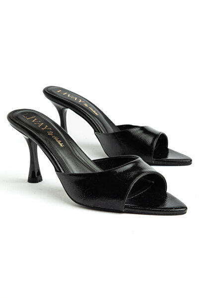 halabi moda Women's Black Wrinkled Pointed Toe Short Heels Sandals