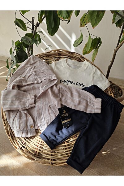 TANIŞ BEBE Hooded Muslin Jacket 3-Piece Set: Stretch Fabric Short-Sleeved Swe...