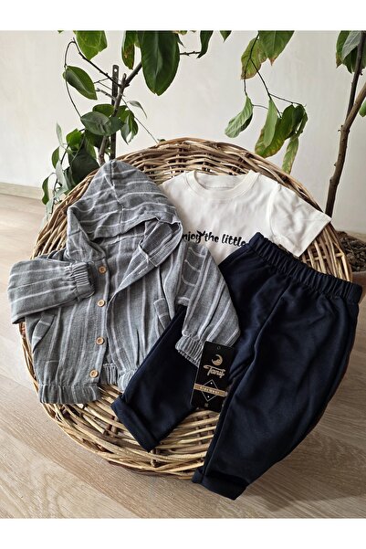 TANIŞ BEBE Hooded Muslin Jacket 3-Piece Set: Stretch Fabric Short-Sleeved Swe...