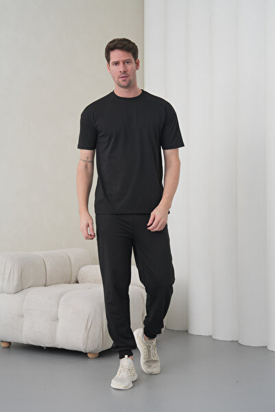 caddekombin Men's Black Cotton Pack Crew Neck T-Shirt Pocketed Jogger Pants T...