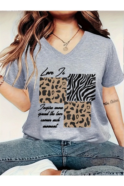 mercoledi Women's Coffee Printed V-Neck Sleeved Regular Fit T-Shirt