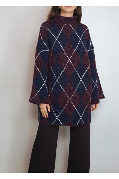 oyagüler Women's Dark Burgundy Navy Blue B Diamond Patterned Stand-Up Collar ...