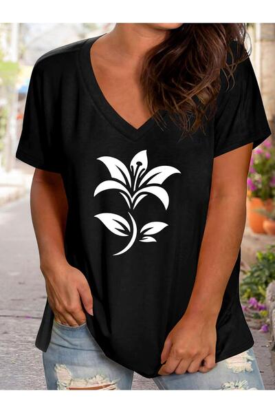 mercoledi Women's Floral Printed V-Neck Sleeved Regular Fit T-Shirt