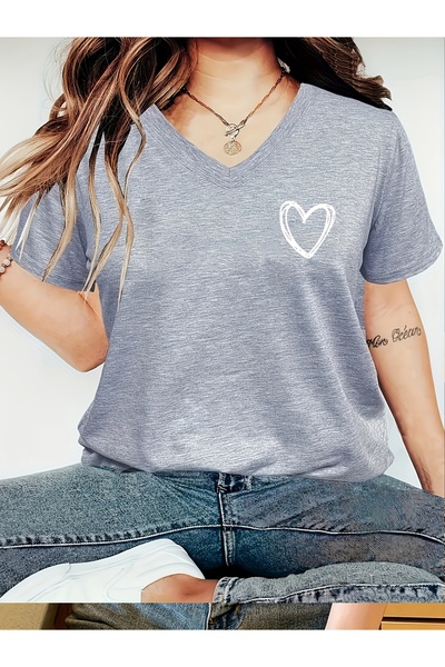 mercoledi Women's Heart Printed V-Neck Sleeved Regular Fit T-Shirt