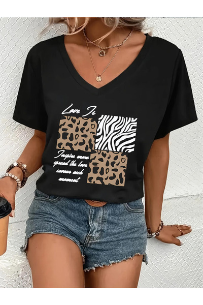 mercoledi Women's Coffee Printed V-Neck Sleeved Regular Fit T-Shirt