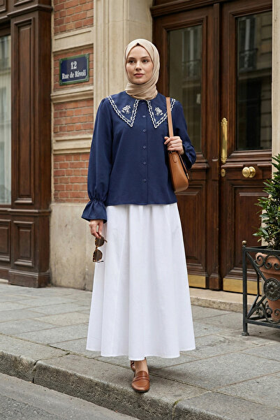 MODAQU Embroidered Peter Pan collar Shirt Blouse - Navy Blue