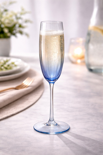 Depomaxx Mavi Cam Şampanya Kadehi 4’lü Set Uzun Ayaklı Flüt Kadeh Modern Tasarım