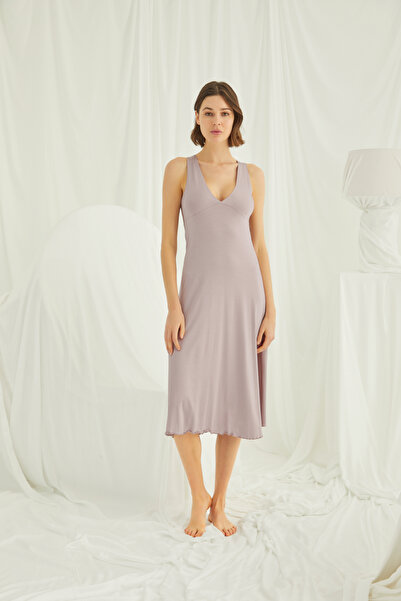 MONAMİSE Women'S, Mink, Chest and Backless Lace Piece Slit Strap Nightgown