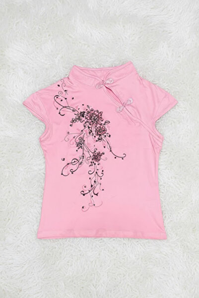 Köstebek China Vintage Style Mandarin Collar Flowers Short Sleeve Blouse