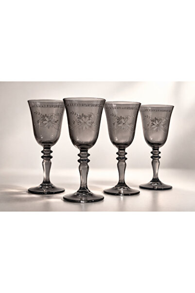 rakle refined glassware Füme Cam Kadeh 270 cc 4’lü Set Desenli Ayaklı Su Meşr...