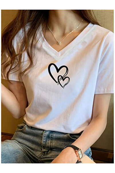 mercoledi Women's Minimal Heart Printed V-Neck Sleeves Regular Fit T-Shirt