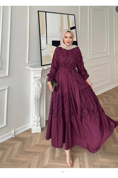 Saremsi Beli kemerli simli önden düğmeli bordo elbise