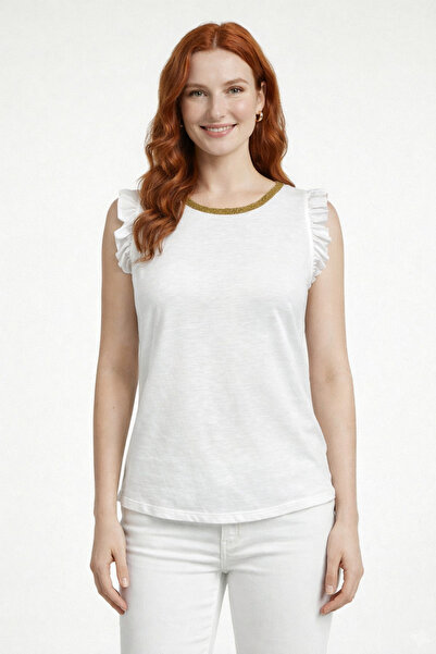 Neden Tekstil White Gold Collared Ruffle Blouse