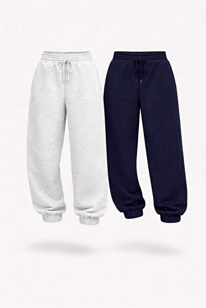 Le Vion Women's Jogger Pants Oversized Navy Blue & Gray Trousers Style Sweatp...