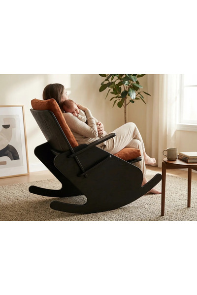 PRAKTURA CUBIC Siyah Doğal Ahşap Sallanan Koltuk, Tv Koltuğu, Kiremit Keten K...