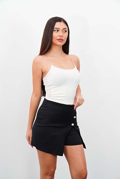 DI LORIA Women's Black High Waist Double-Breasted Gold Button Detailed Mini S...